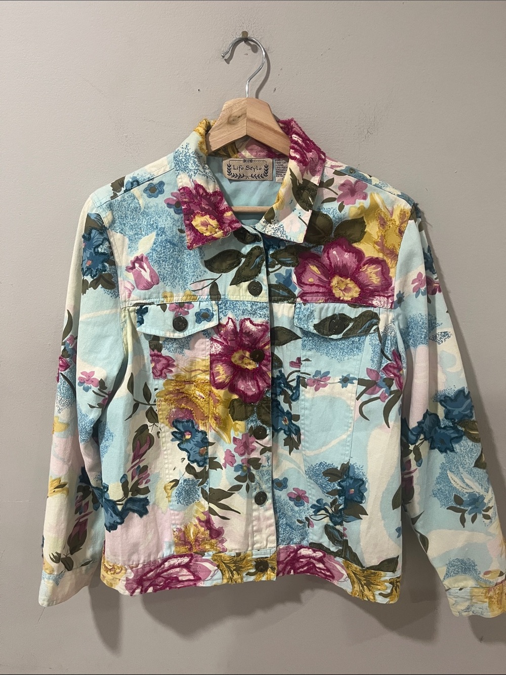 Vintage Floral Jean Jacket in Light Blue, Pink & Yellow